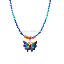 Мода синий зеленый камень золото 24k позолоченный эмаль Бабочка Подвеска ожерелье
